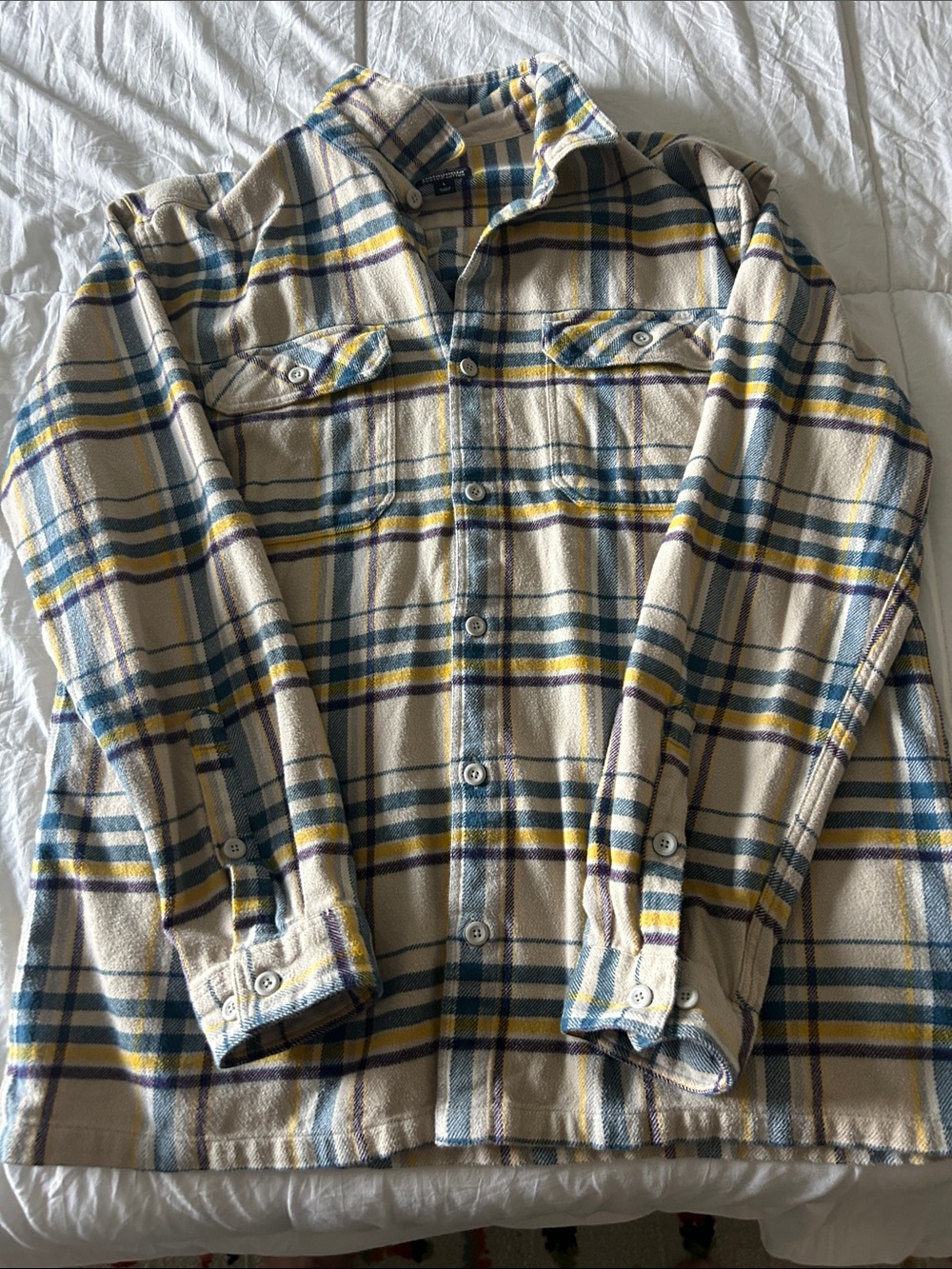 Patagonia Cream Plaid Button-Down Shirt Jacket with Blue and Yellow Stripes